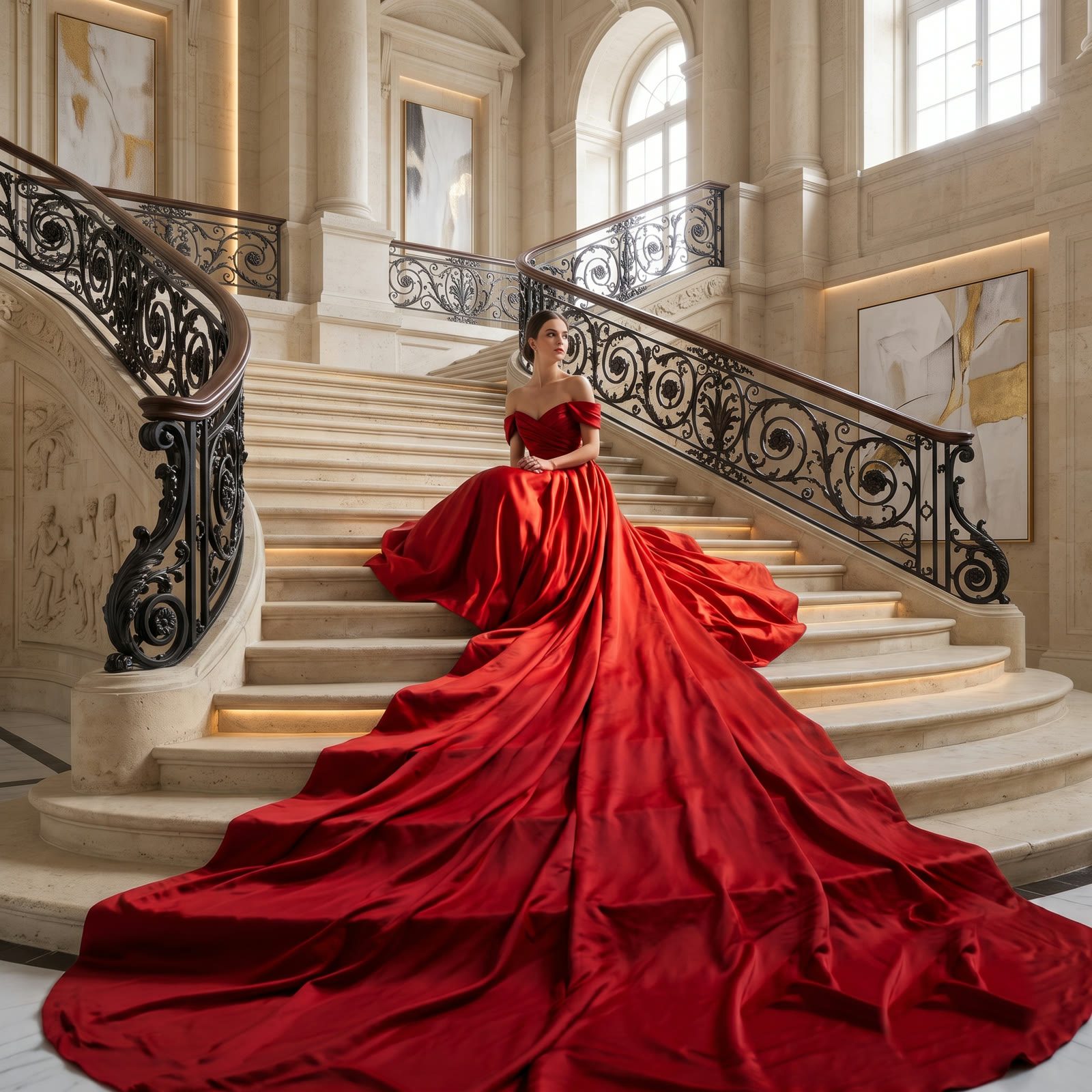 Modelo con vestido rojo de alta costura cuya cola de satén cae por una escalinata clásica